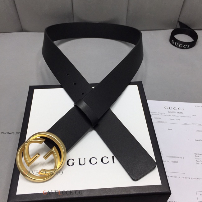 Gucci Leather Men's Belt Gold Interlocking GG Buckle w Box Gucci Leather Men's Belt Gold Interlocking GG Buckle w Box